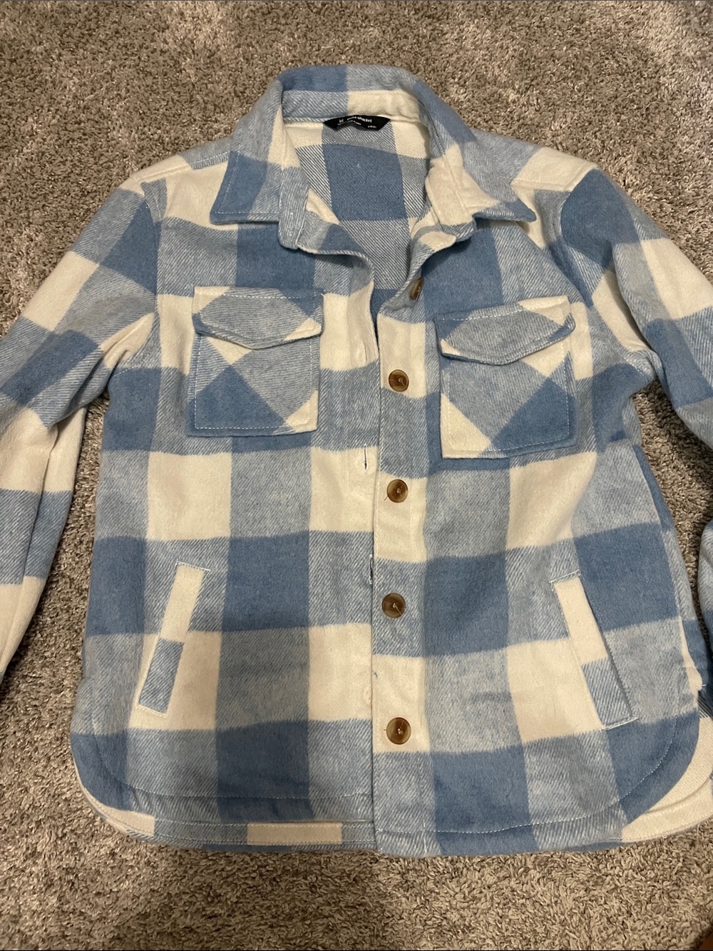Kids Blue & White Plaid Utility Shacket with Button Front